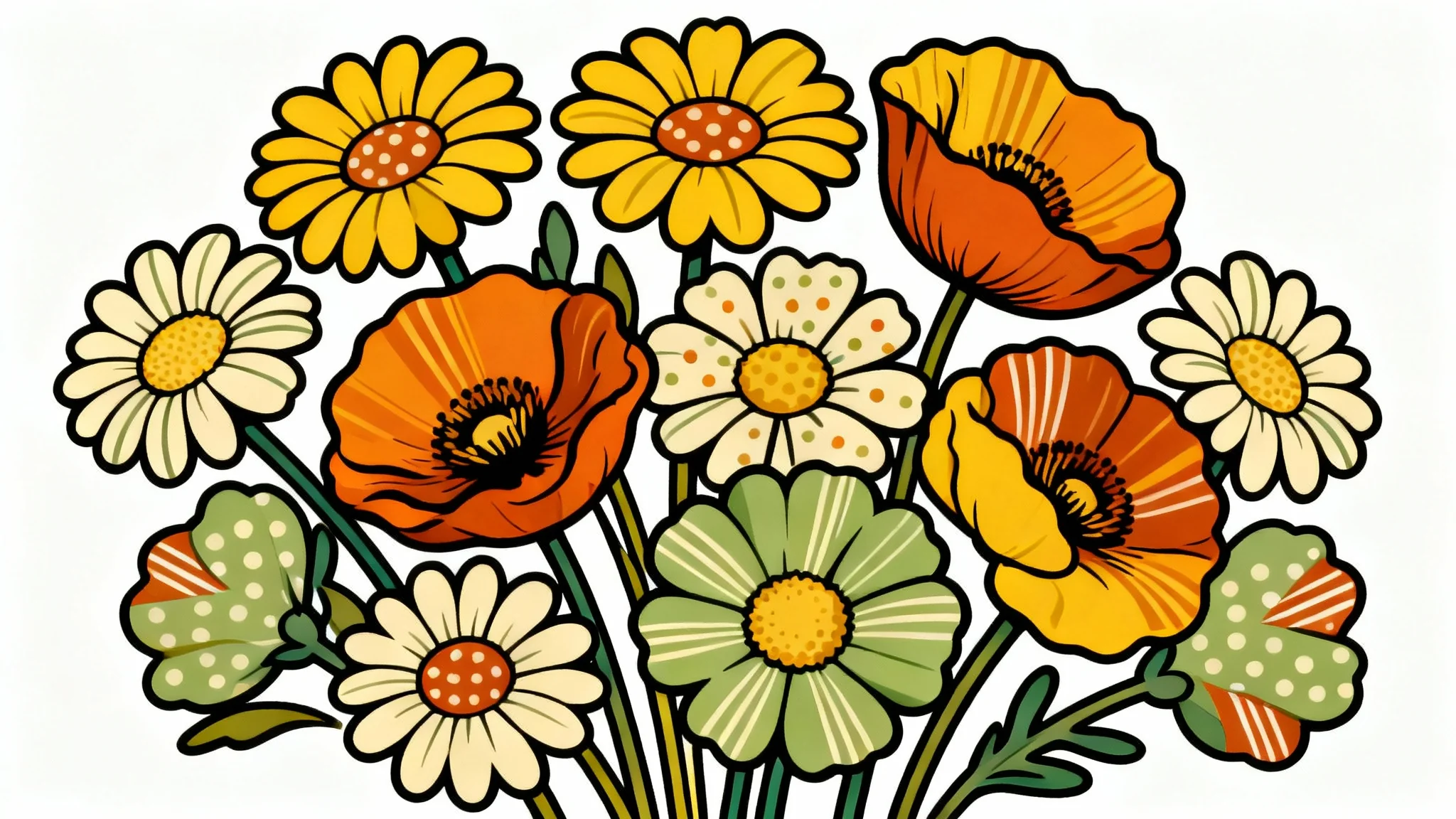 A retro 70s-style illustration of stylized flowers in mustard yellow, burnt orange, and avocado green, presented against a clean white background.