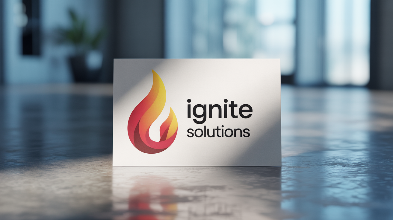 A modern and dynamic flame logo for the fictional company 'Ignite Solutions' presented on a premium business card mockup.