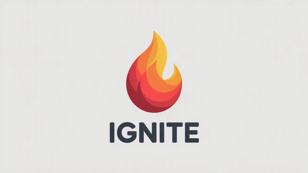 A minimalist and modern flame logo mockup on a white background. The logo features a stylized flame in a red, orange, and yellow gradient, with the word 'IGNITE' in bold, dark gray letters underneath.