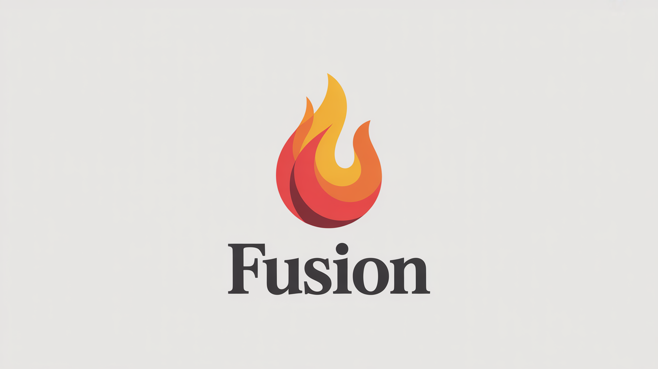 A modern and sleek logo featuring a stylized flame in orange, yellow, and red, with the word 'FUSION' written underneath. The logo is displayed on a clean white background.