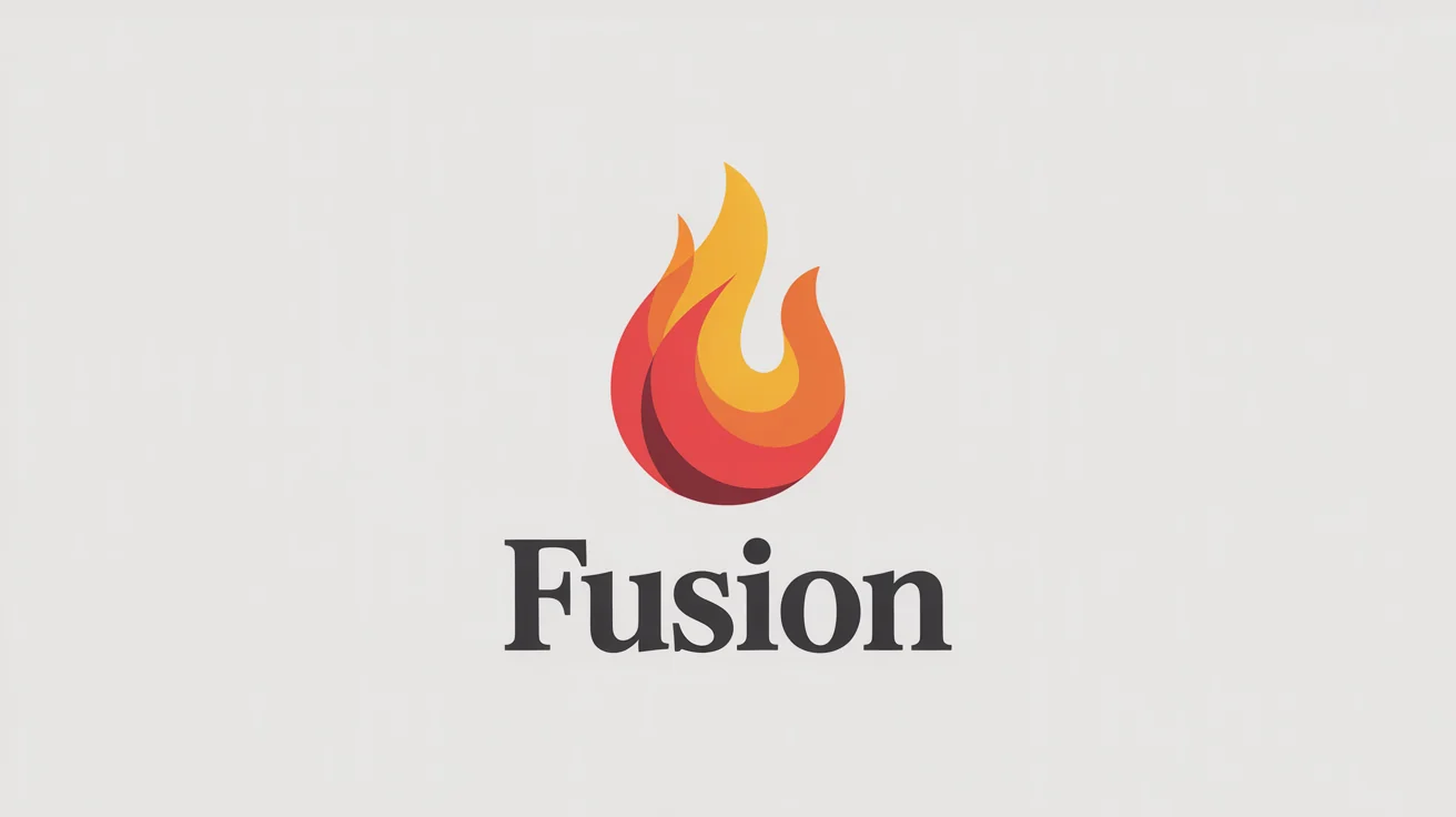 A modern and sleek logo featuring a stylized flame in orange, yellow, and red, with the word 'FUSION' written underneath. The logo is displayed on a clean white background.