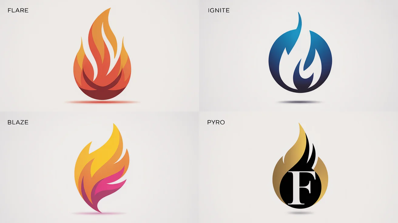 A showcase of four different professional flame logo designs on a white background, demonstrating various styles from minimalist to elegant, each with a fictional brand name.