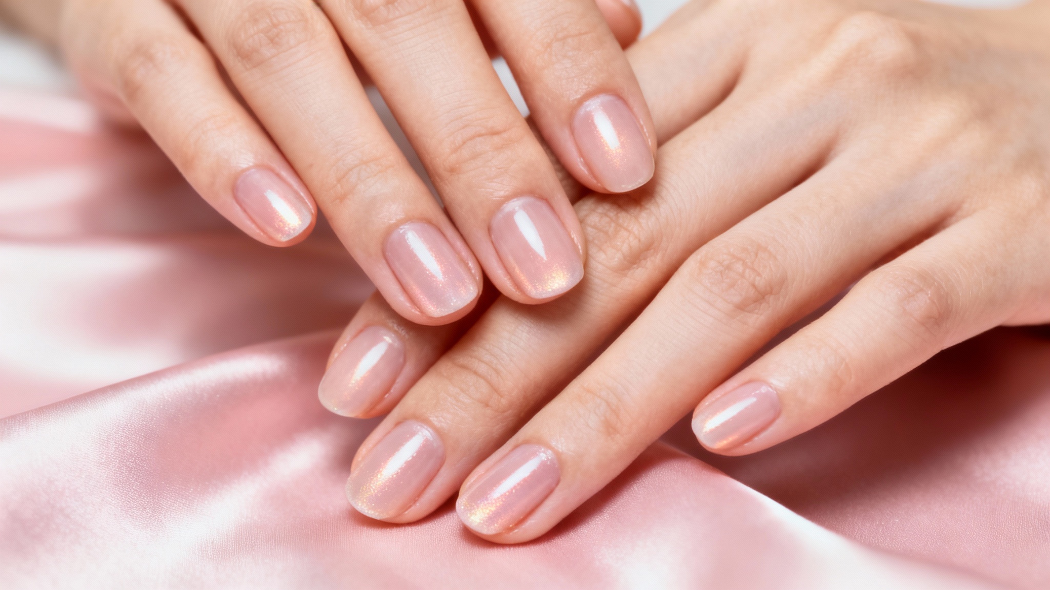 A close-up macro shot of a woman's perfectly manicured hands, showcasing healthy, hydrated cuticles and glossy nails as a result of using cuticle oil, set against a luxurious, soft background.