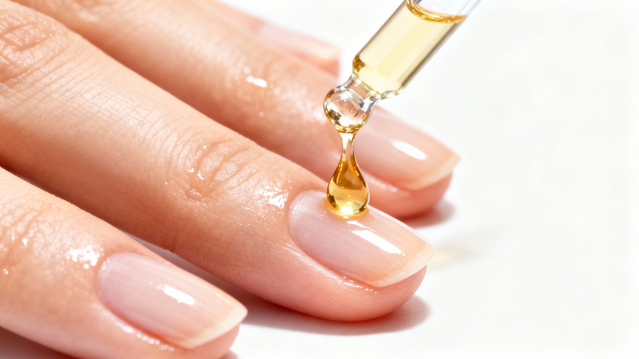 A macro photograph showing a drop of golden cuticle oil being applied from a dropper to a perfectly manicured, healthy fingernail against a clean white background.