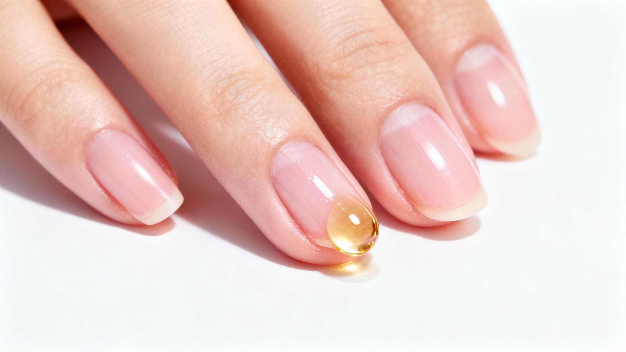 A close-up photo of perfectly manicured nails with a single drop of cuticle oil, showcasing healthy and hydrated cuticles on a white background.