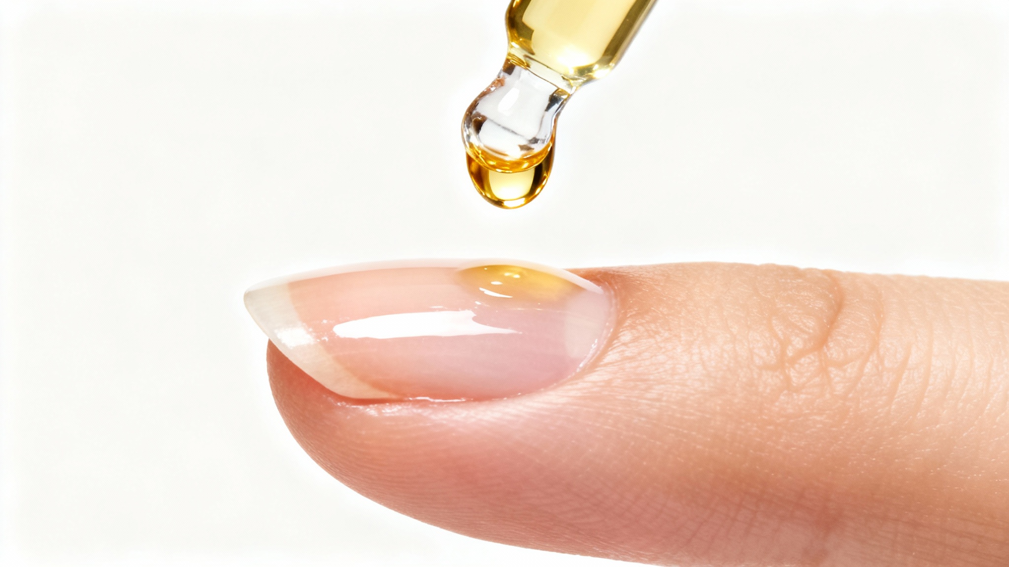 A close-up macro photograph of a drop of golden cuticle oil being applied to a clean, well-manicured fingernail to show its moisturizing benefits.