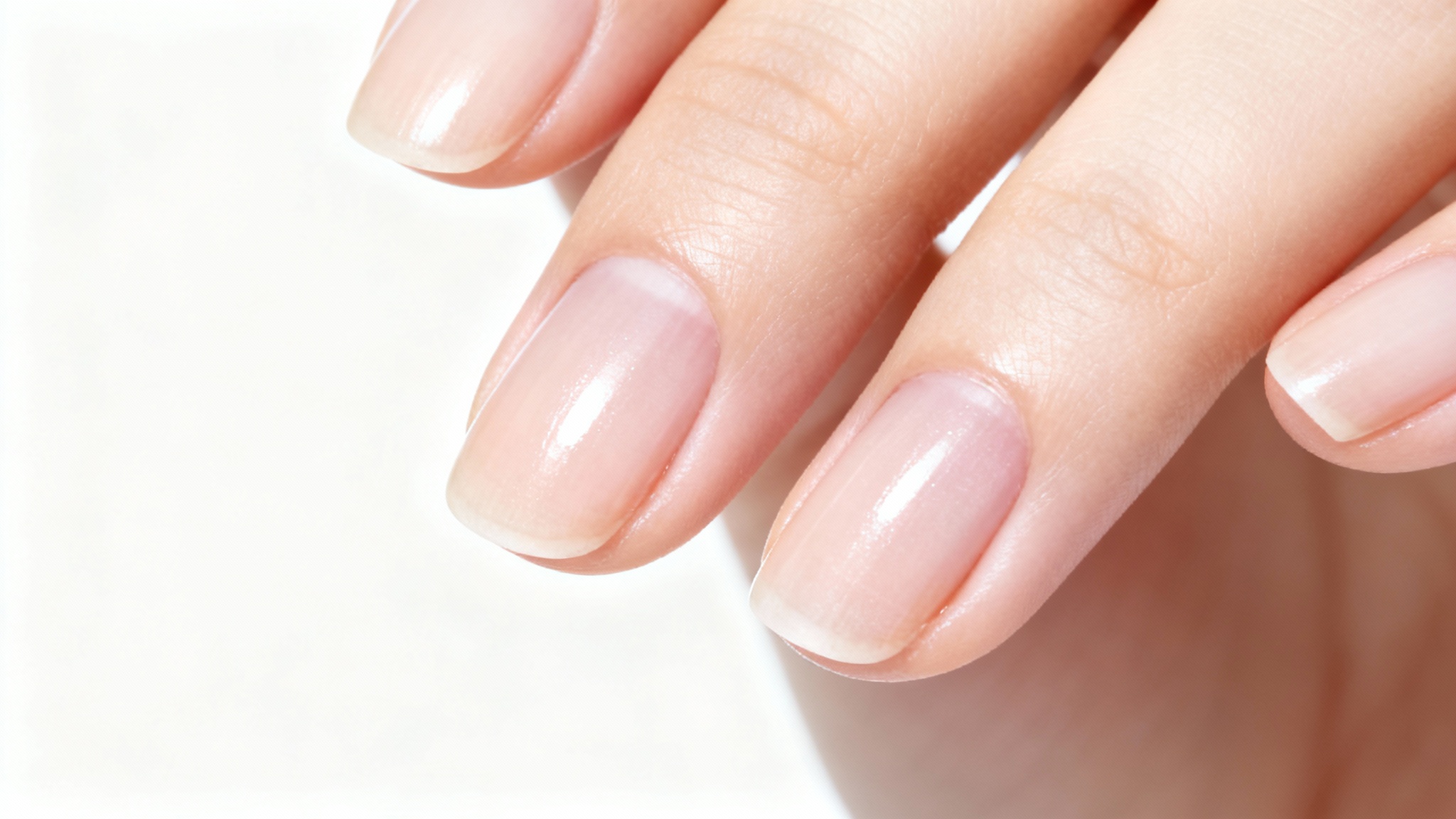 A macro photograph showing a close-up of perfectly manicured nails with healthy, hydrated cuticles, set against a clean white background to illustrate the benefits of cuticle oil.