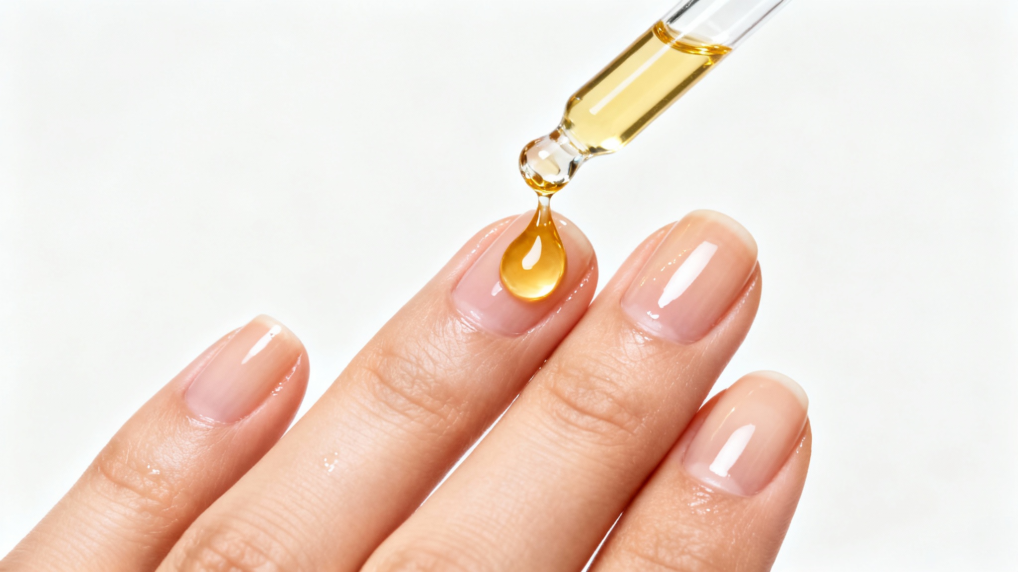 A close-up photograph showing a drop of golden cuticle oil being applied to a perfectly manicured, healthy nail, with smooth, hydrated cuticles against a white background.