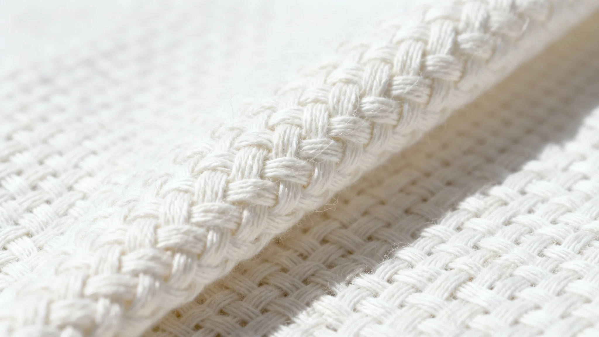 A detailed, close-up macro shot of a white cotton fabric, showcasing the intricate weave and soft texture against a plain white background.