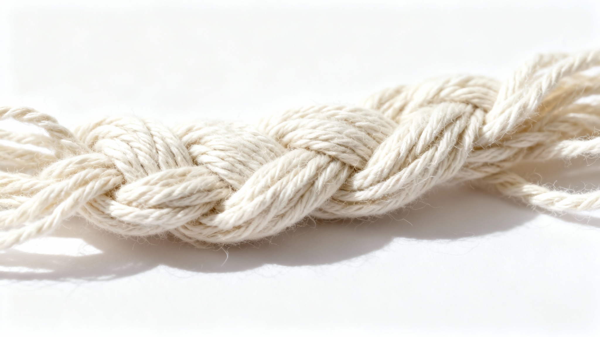 An extreme close-up, top-down view of a natural white cotton fabric, highlighting its detailed weave and soft texture against a plain white background.