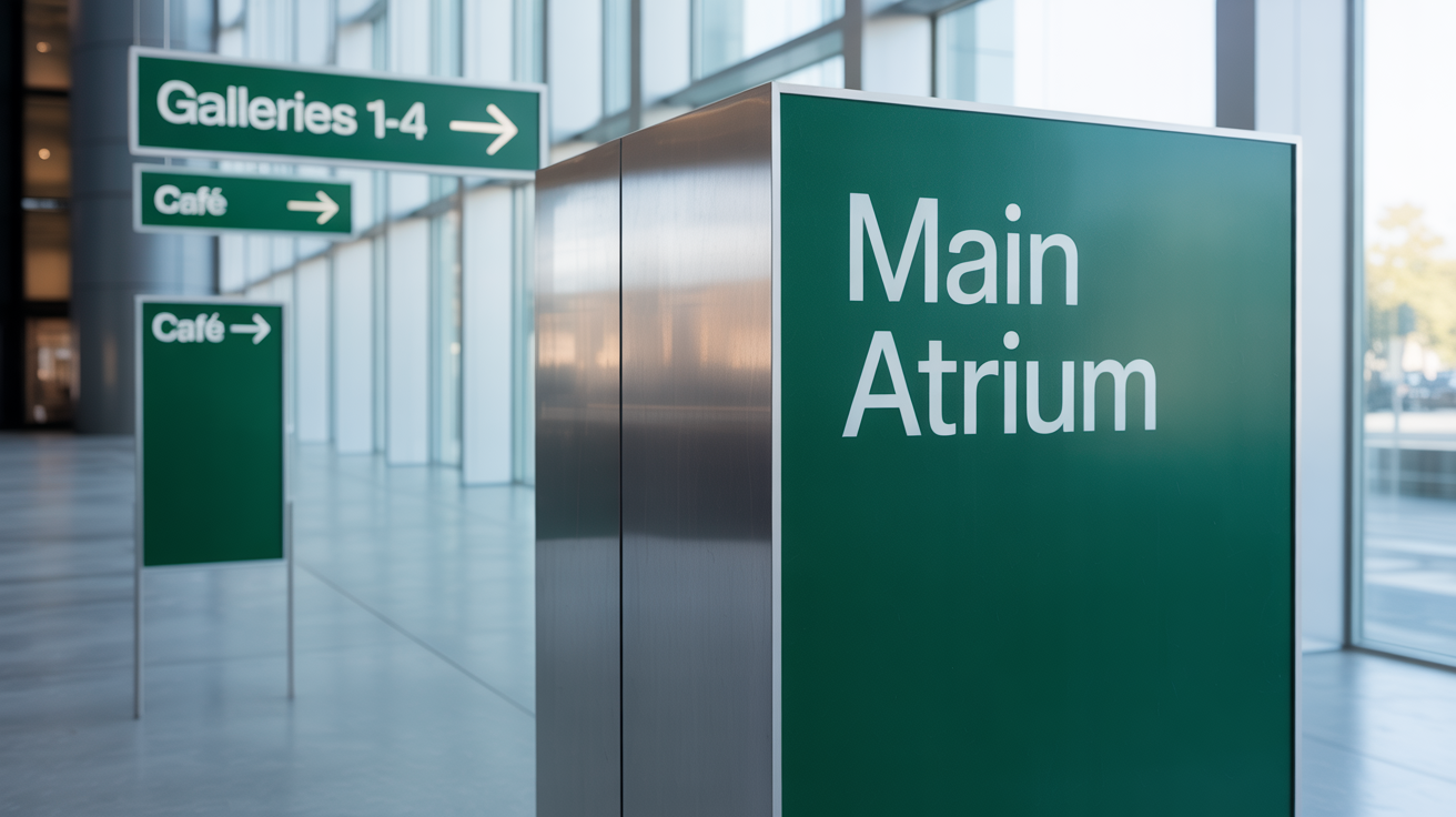 A professionally designed wayfinding signage system in a modern building lobby. A tall green sign in the foreground reads 'Main Atrium', with other matching signs for 'Galleries' and 'Café' visible in the background.