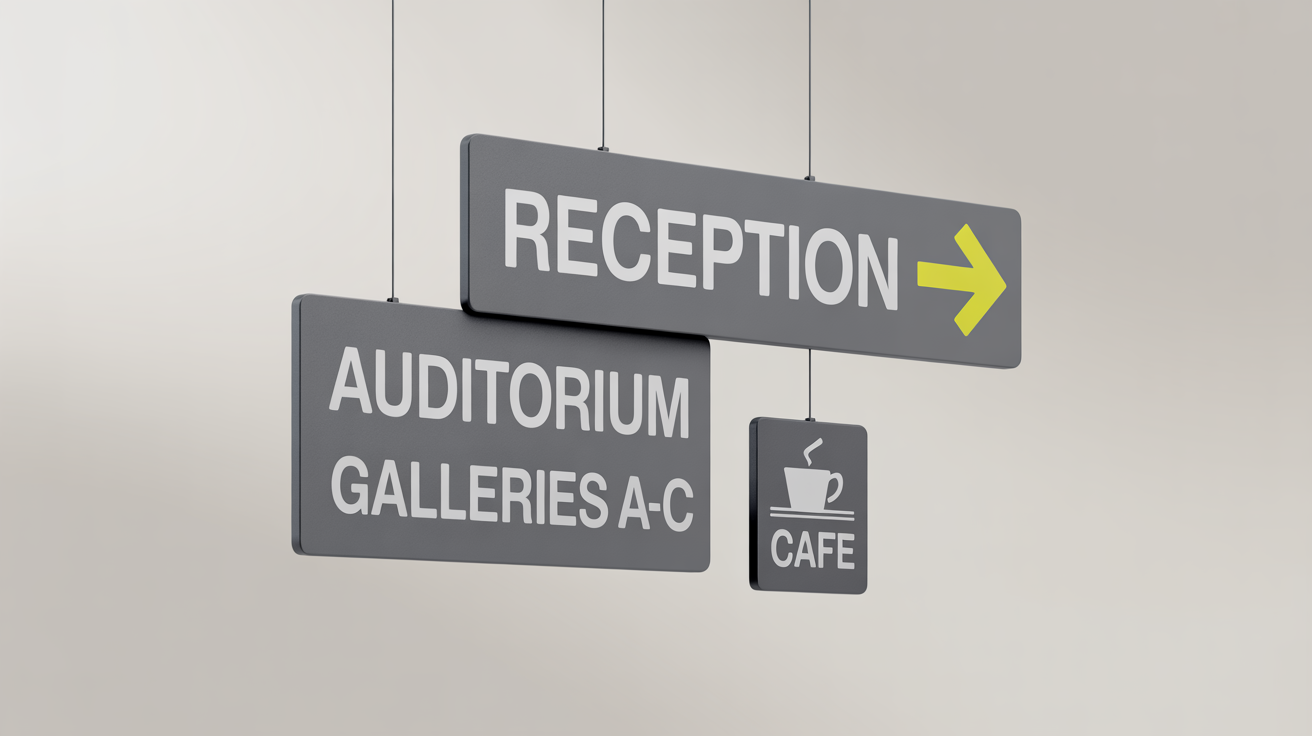 A mockup of a modern wayfinding signage system, featuring three dark grey signs with white text and yellow accents, displayed against a clean white background.