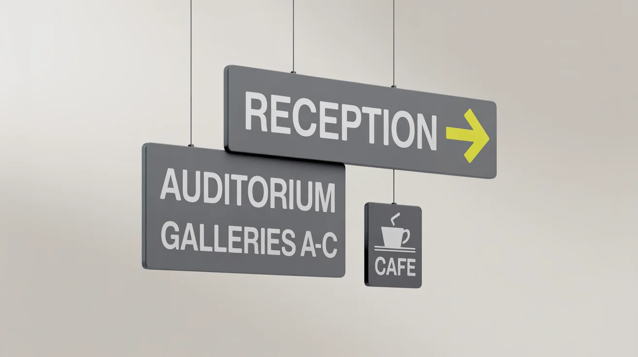 A mockup of a modern wayfinding signage system, featuring three dark grey signs with white text and yellow accents, displayed against a clean white background.