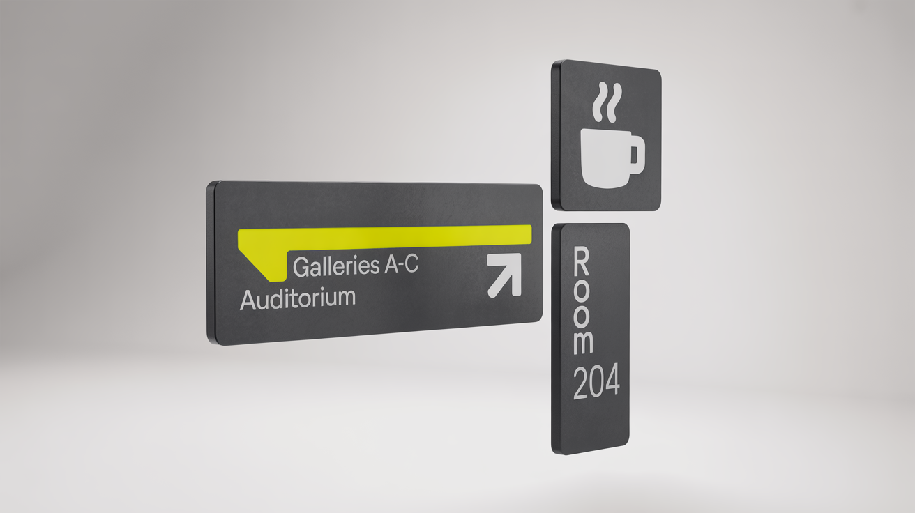 A mockup of a modern wayfinding signage system on a white background, including a directional sign for galleries, a cafe icon sign, and a room number sign.