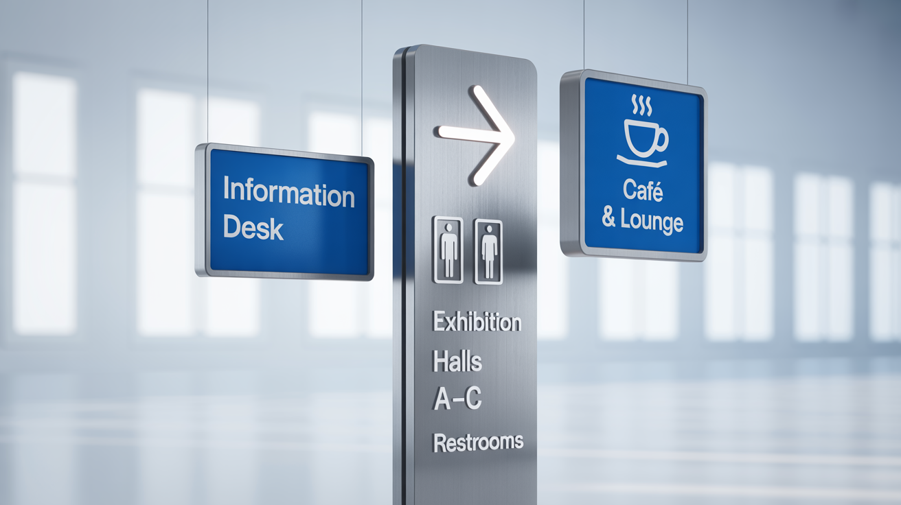 A mockup of a modern wayfinding signage system against a white background, featuring a central totem sign for exhibition halls, a blue wall-mounted sign for the information desk, and a hanging sign for a café.