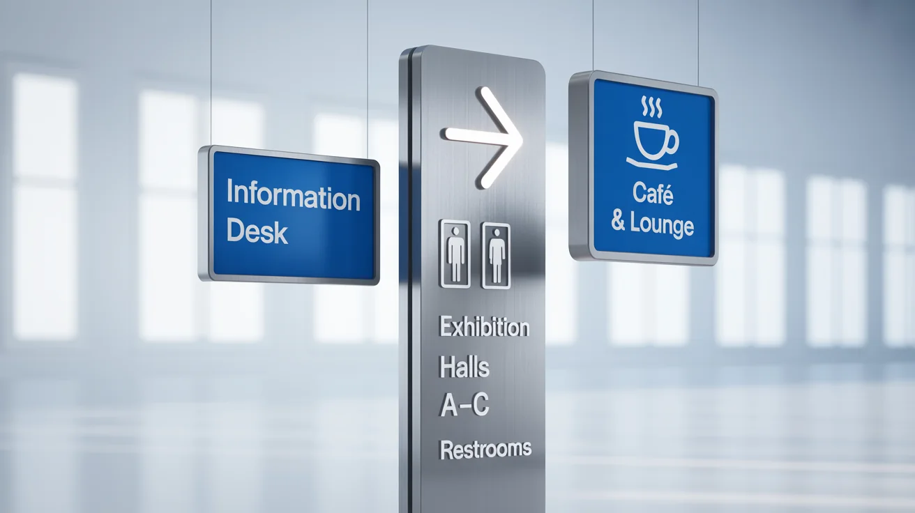 A mockup of a modern wayfinding signage system against a white background, featuring a central totem sign for exhibition halls, a blue wall-mounted sign for the information desk, and a hanging sign for a café.