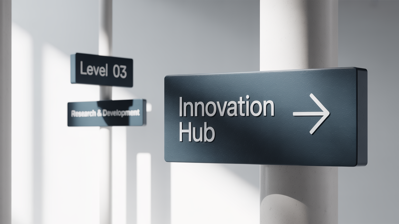 A professional mockup of a modern wayfinding signage system against a white background. The sleek, dark charcoal signs feature white text, with the main sign reading 'INNOVATION HUB' and pointing right, and other signs for 'LEVEL 03'.