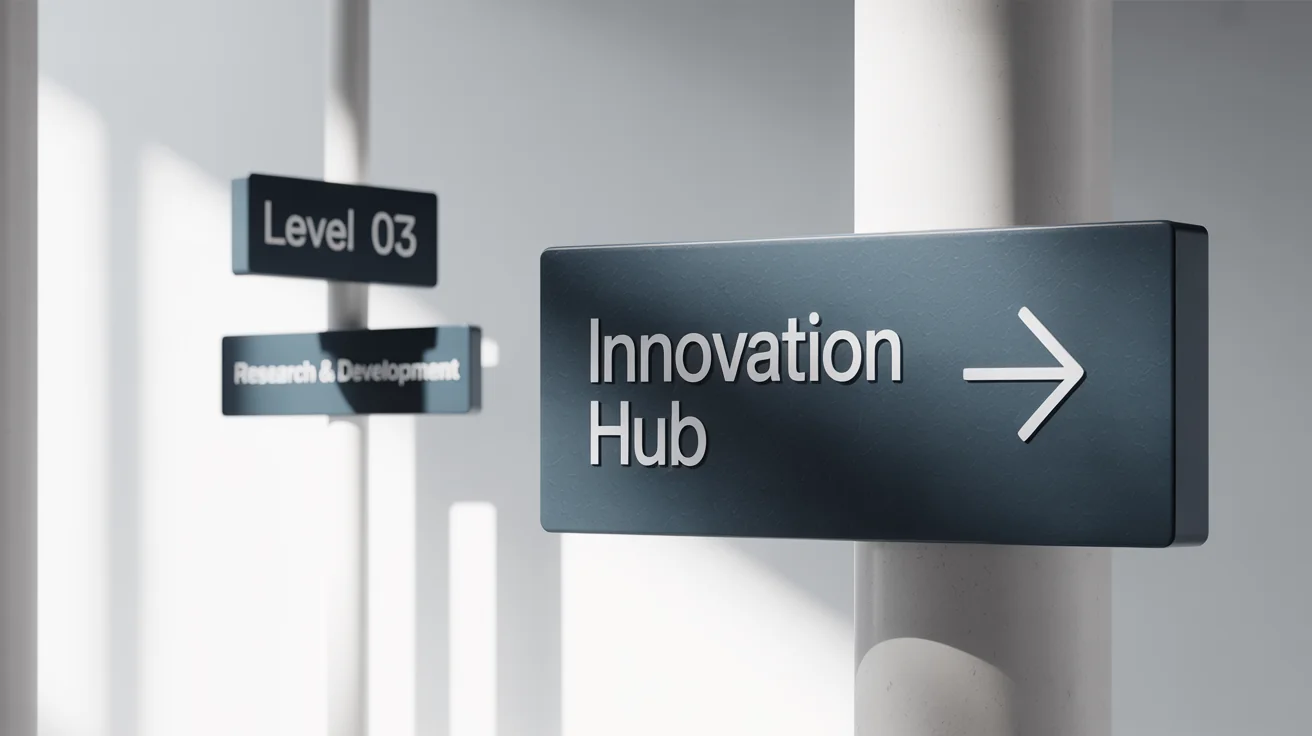 A professional mockup of a modern wayfinding signage system against a white background. The sleek, dark charcoal signs feature white text, with the main sign reading 'INNOVATION HUB' and pointing right, and other signs for 'LEVEL 03'.