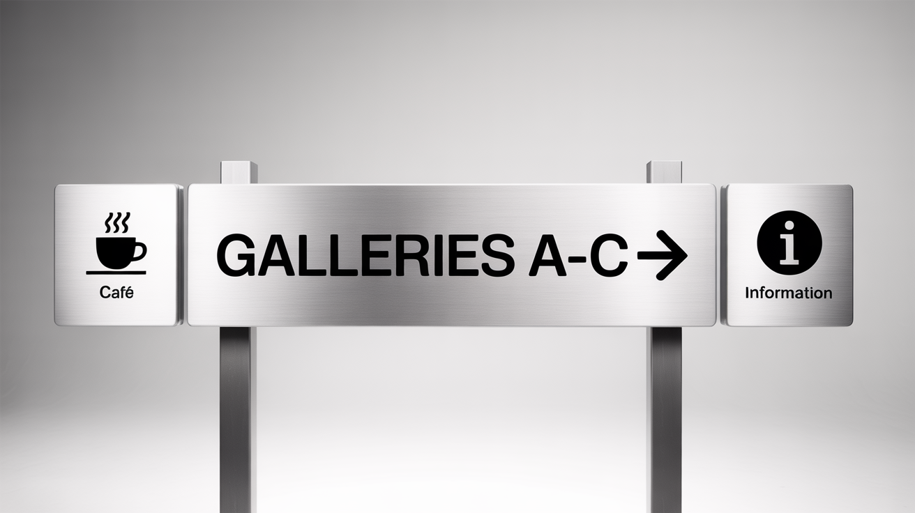 A mockup of a modern wayfinding signage system, featuring three brushed aluminum signs with black text and icons against a white background. The signs direct to galleries, a café, and information.