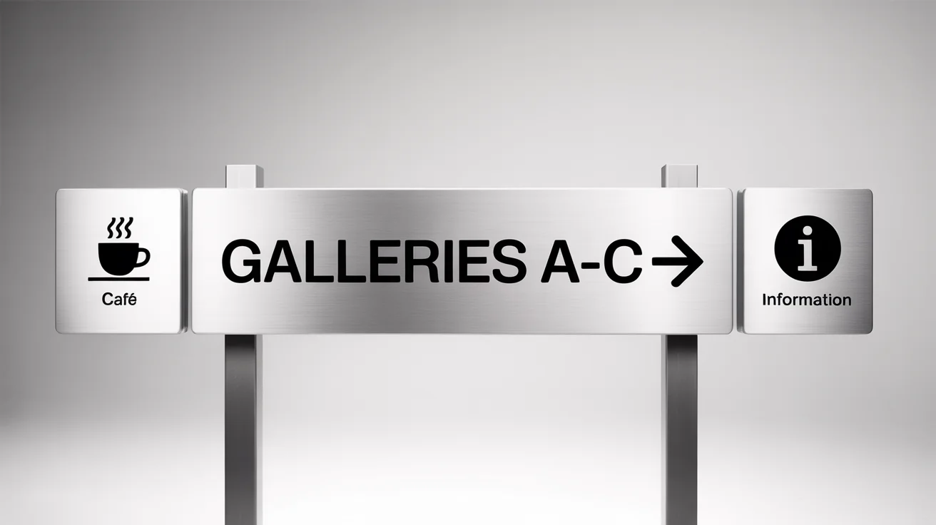 A mockup of a modern wayfinding signage system, featuring three brushed aluminum signs with black text and icons against a white background. The signs direct to galleries, a café, and information.