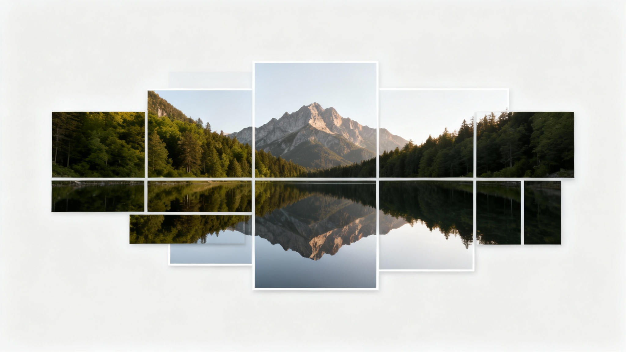 A professionally designed image grid collage in a 16:9 format, displaying a single landscape photo of a mountain lake split into multiple rectangular tiles against a light gray background.