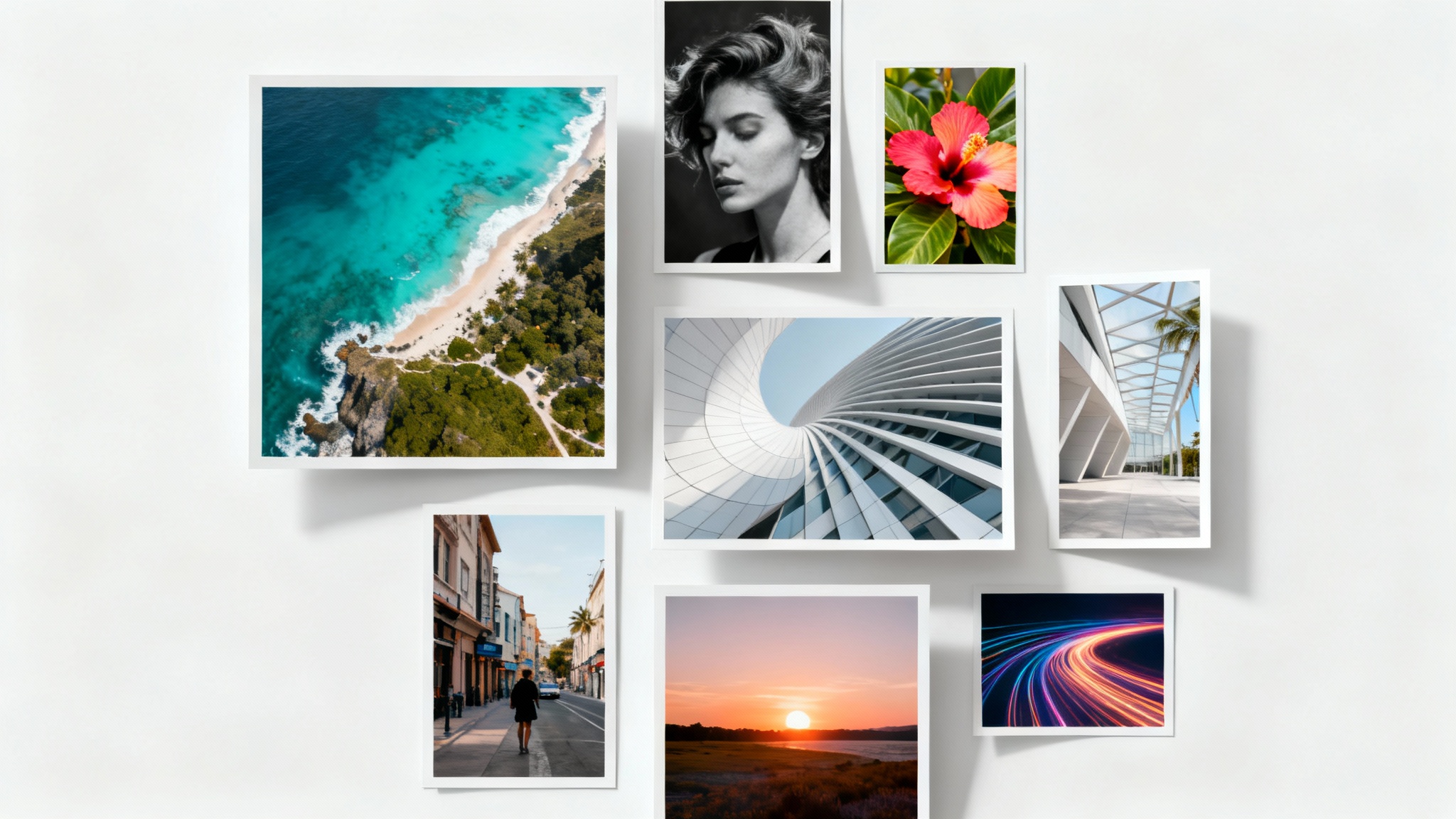 A dynamic and artistic grid of nine diverse photographs, including landscapes and portraits, arranged in a flat lay style on a clean white background.