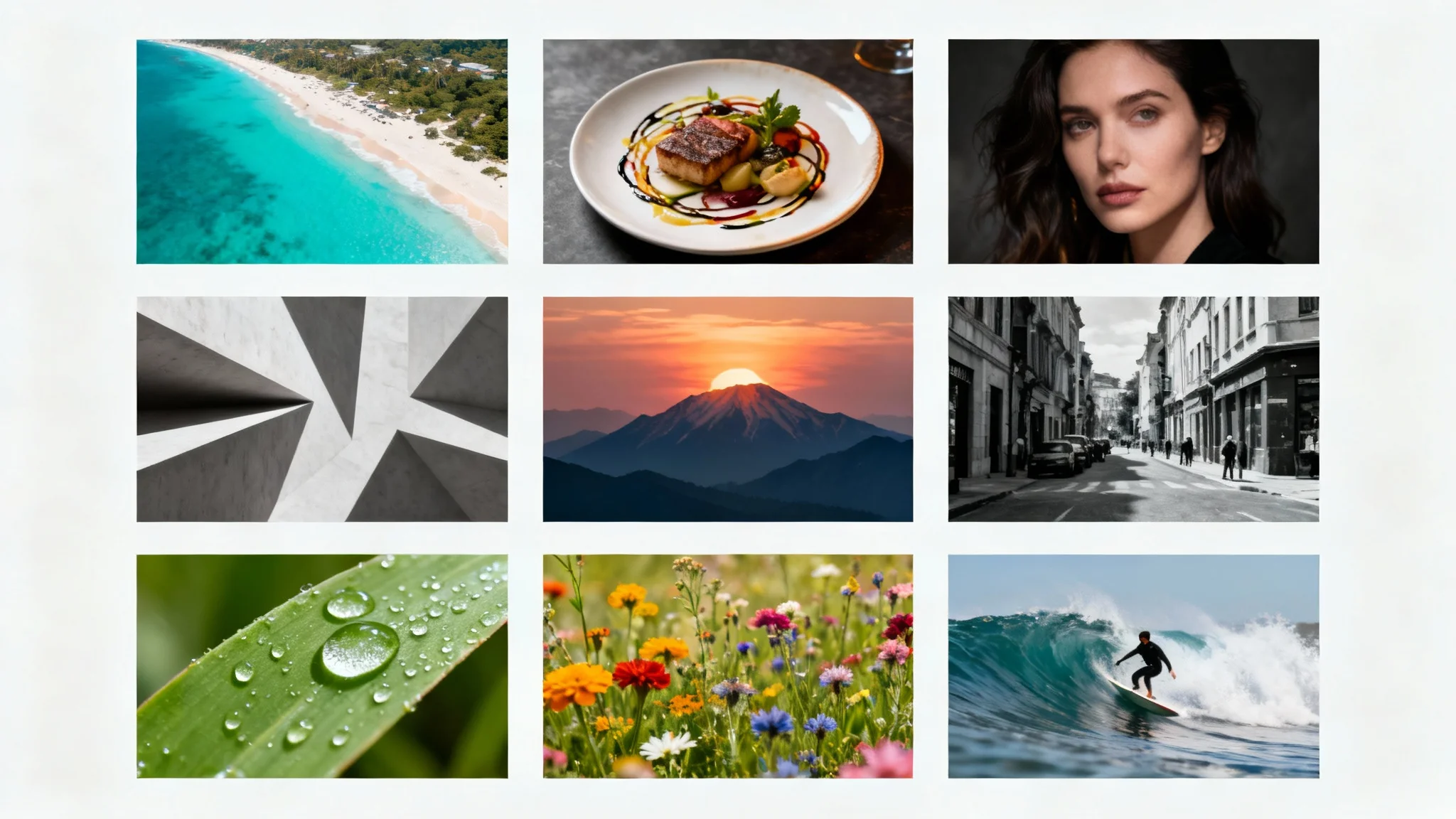 A 3x3 grid of nine professional, high-quality photographs showcasing a variety of subjects like travel, food, and nature, arranged neatly on a white background.