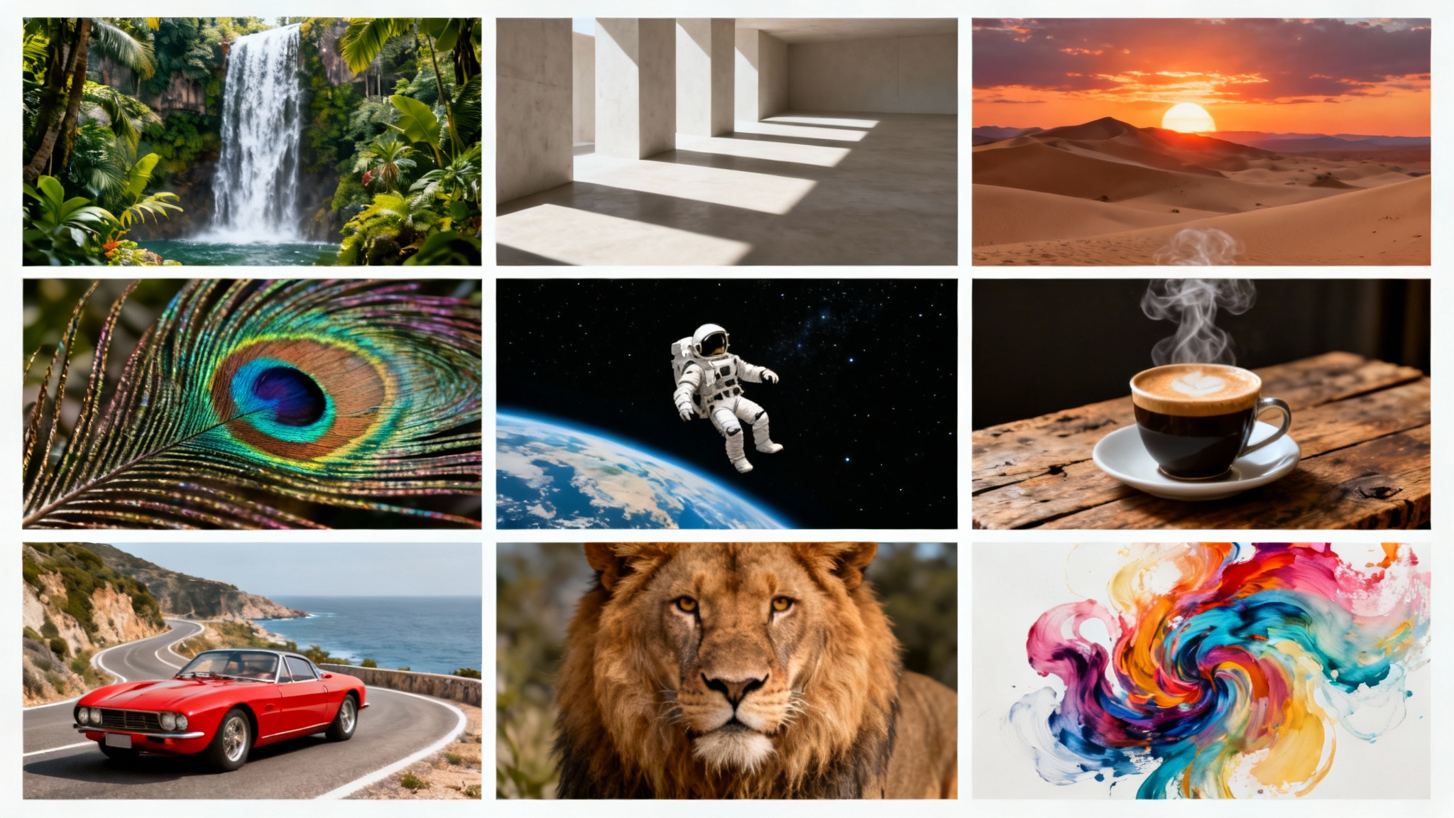 A 3x3 grid of nine diverse, high-quality images on a white background, including scenes of nature, space, architecture, and wildlife, presented as a clean and modern image collage.
