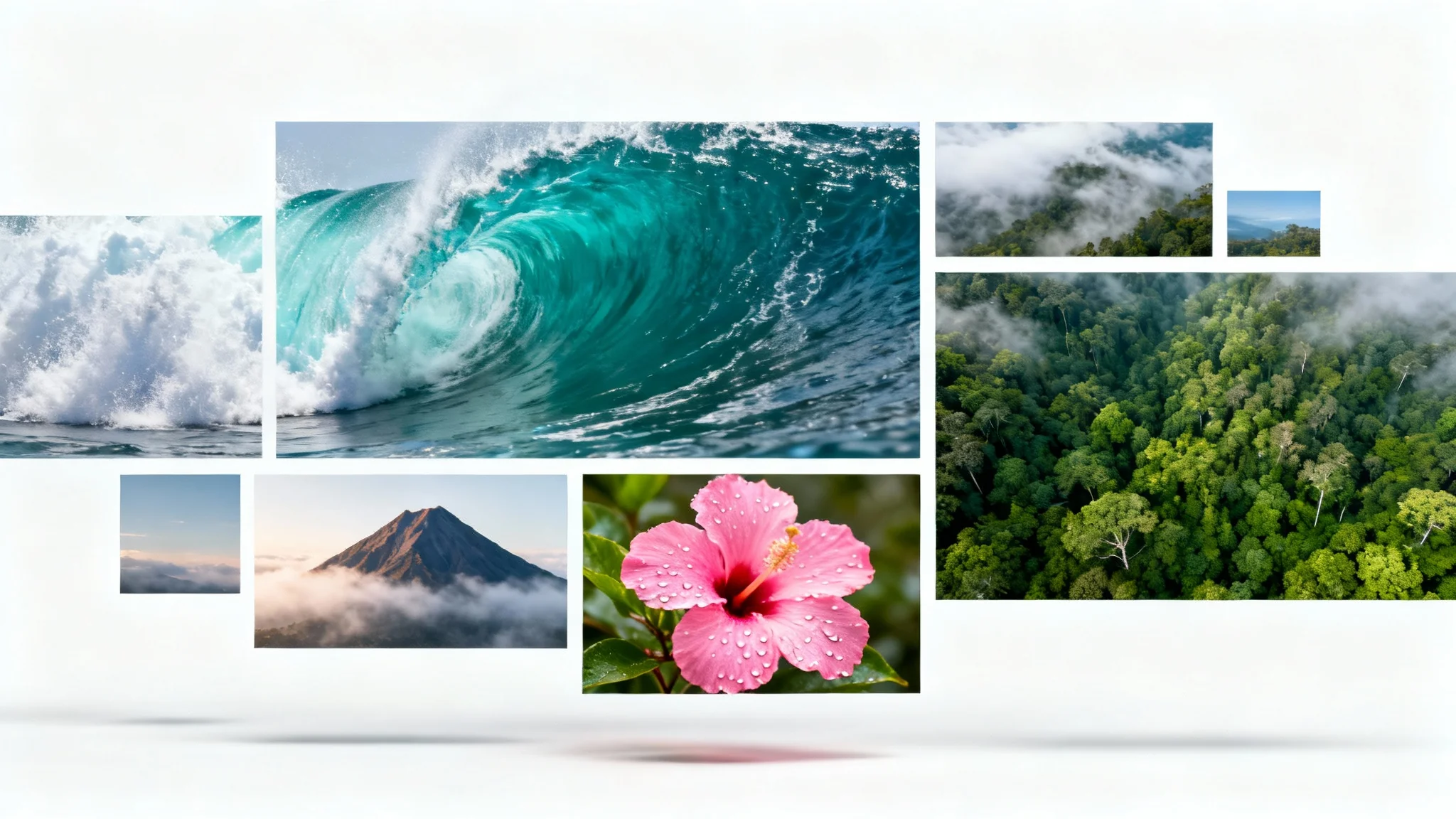 A modern image grid collage showcasing beautiful, high-resolution photos of nature and travel, set against a clean white background.