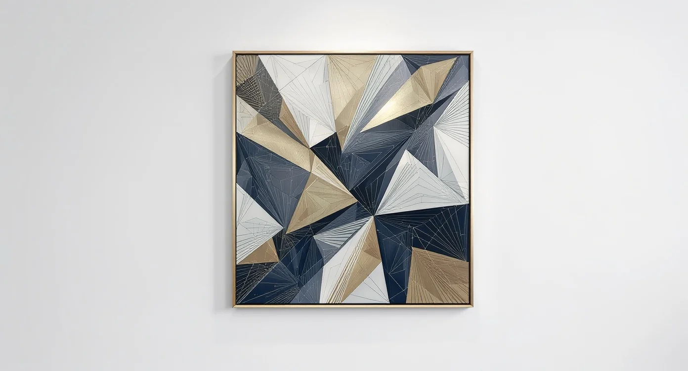 A modern piece of wall art with an intricate geometric design in blue, gold, and white, presented as a mockup on a clean white background.