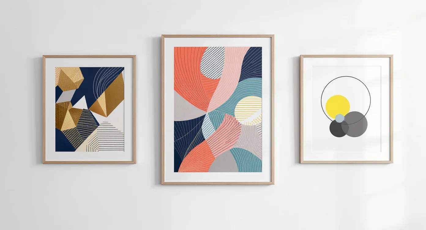 A modern white wall displaying three framed pieces of art, each featuring a unique and colorful abstract geometric design, suggesting inspiration for wall art or creative projects.