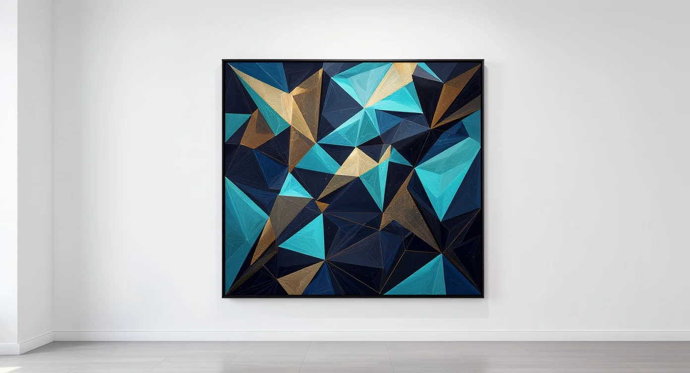 A framed piece of modern wall art hangs on a white wall, featuring a complex geometric design with triangles and lines in navy blue, turquoise, and gold.