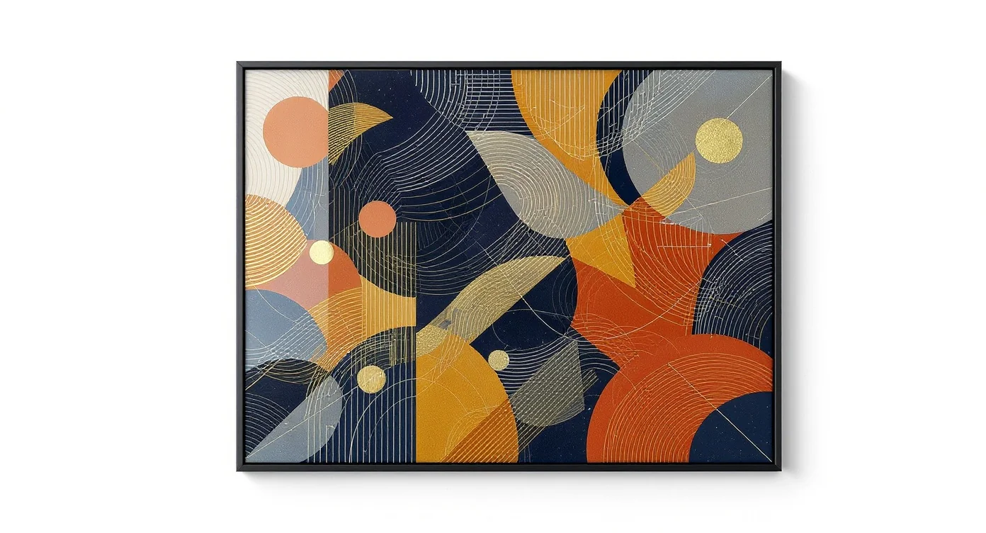 A modern framed art piece with a vibrant geometric design in blue, orange, and yellow, presented as a mockup against a clean white background.