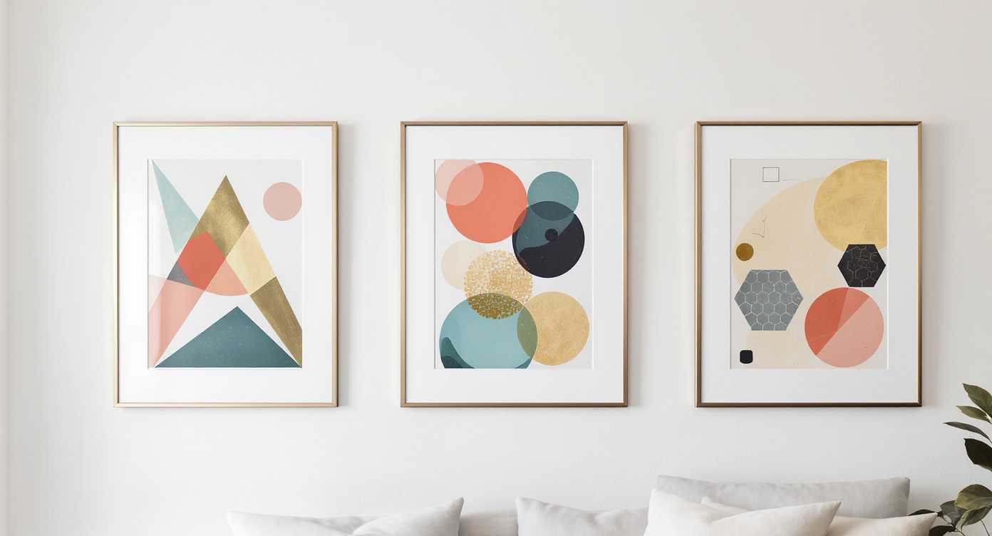 Three modern geometric art prints in black frames hanging against a white wall, showcasing vibrant abstract designs with triangles, circles, and hexagons.
