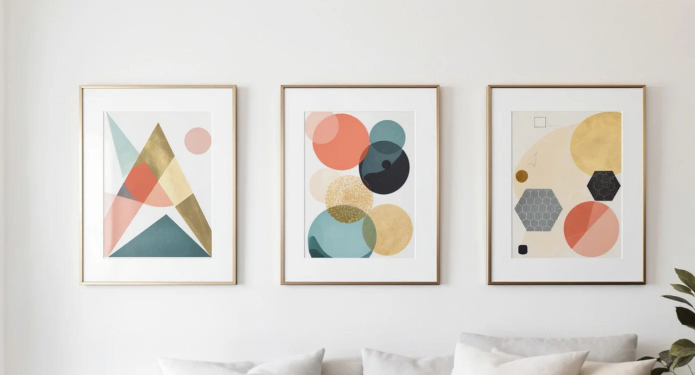 Three modern geometric art prints in black frames hanging against a white wall, showcasing vibrant abstract designs with triangles, circles, and hexagons.