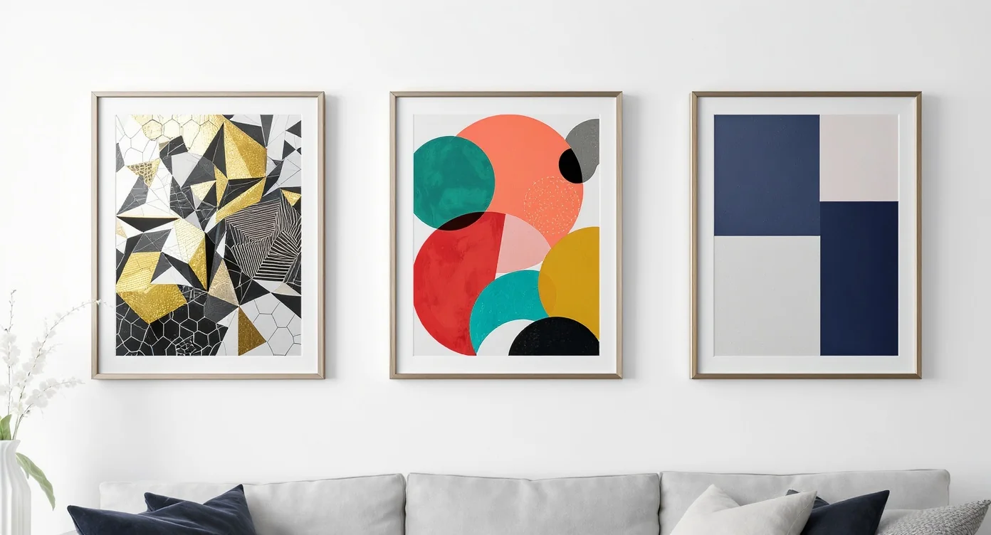 Three modern geometric art prints arranged side-by-side on a white background. Each print has a unique design: one with gold and black hexagons, one with colorful circles, and one with blue and gray rectangles.