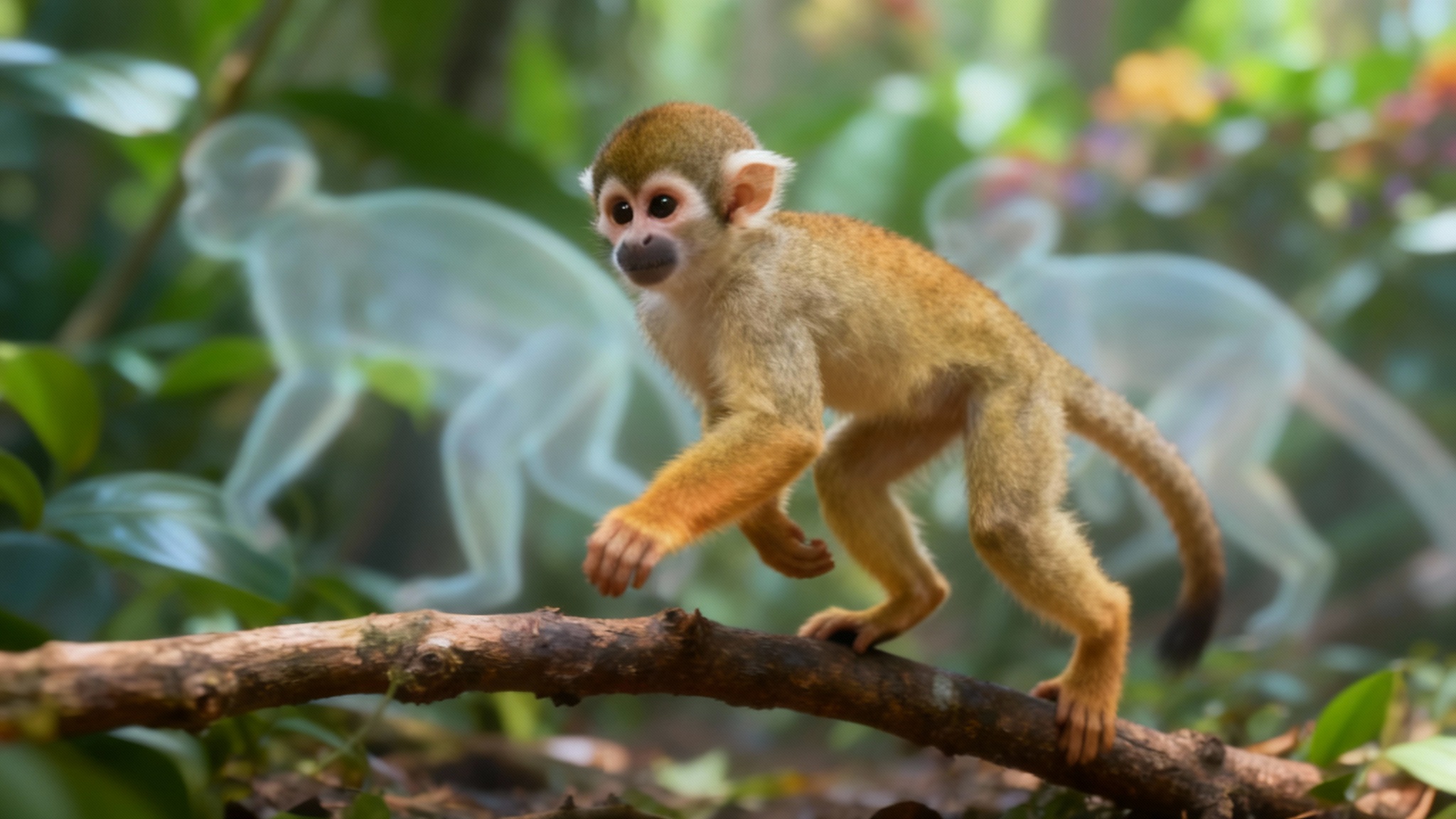 A polished 3D animation concept showing a brown monkey walking. The central image of the monkey is clear, with transparent overlays showing the previous and next frames of its walk cycle to illustrate animation.