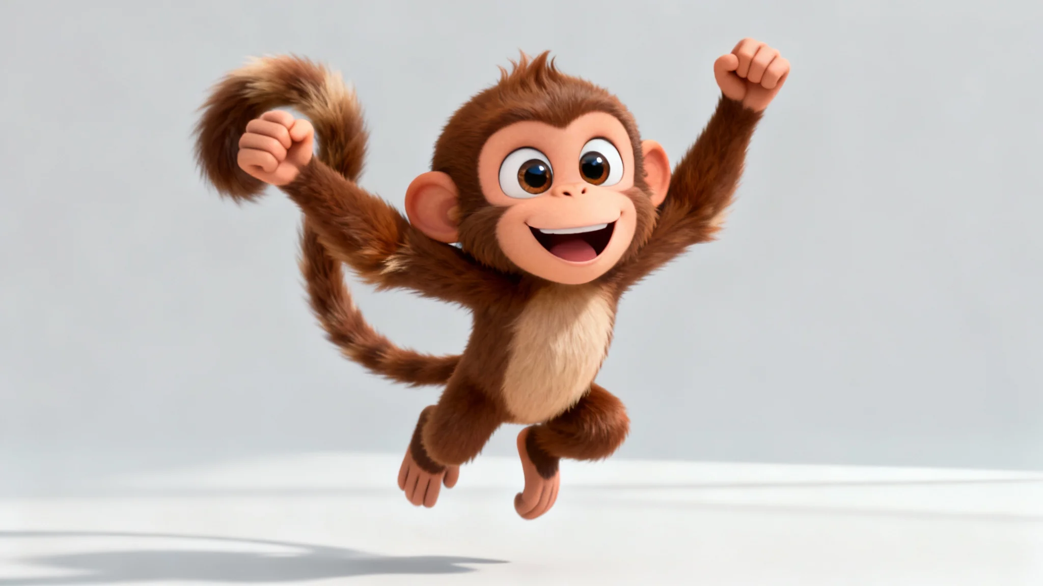 A 3D animated character of a happy, cartoonish monkey with big eyes and soft brown fur, striking a dynamic pose against a plain background.