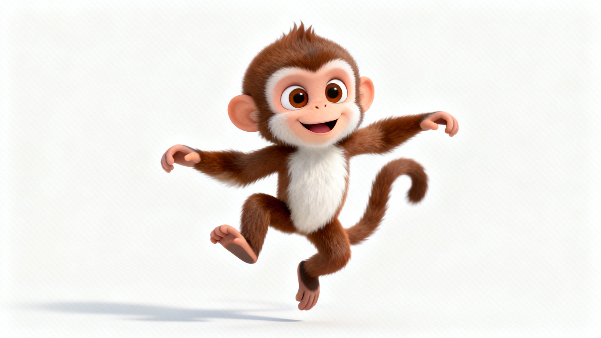 A 3D animated, friendly capuchin monkey in a playful, dynamic pose against a clean white background, showcasing an animation-ready character.