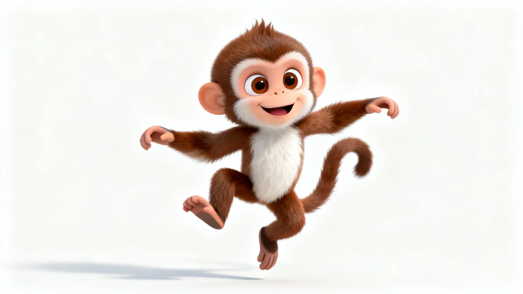 A 3D animated, friendly capuchin monkey in a playful, dynamic pose against a clean white background, showcasing an animation-ready character.