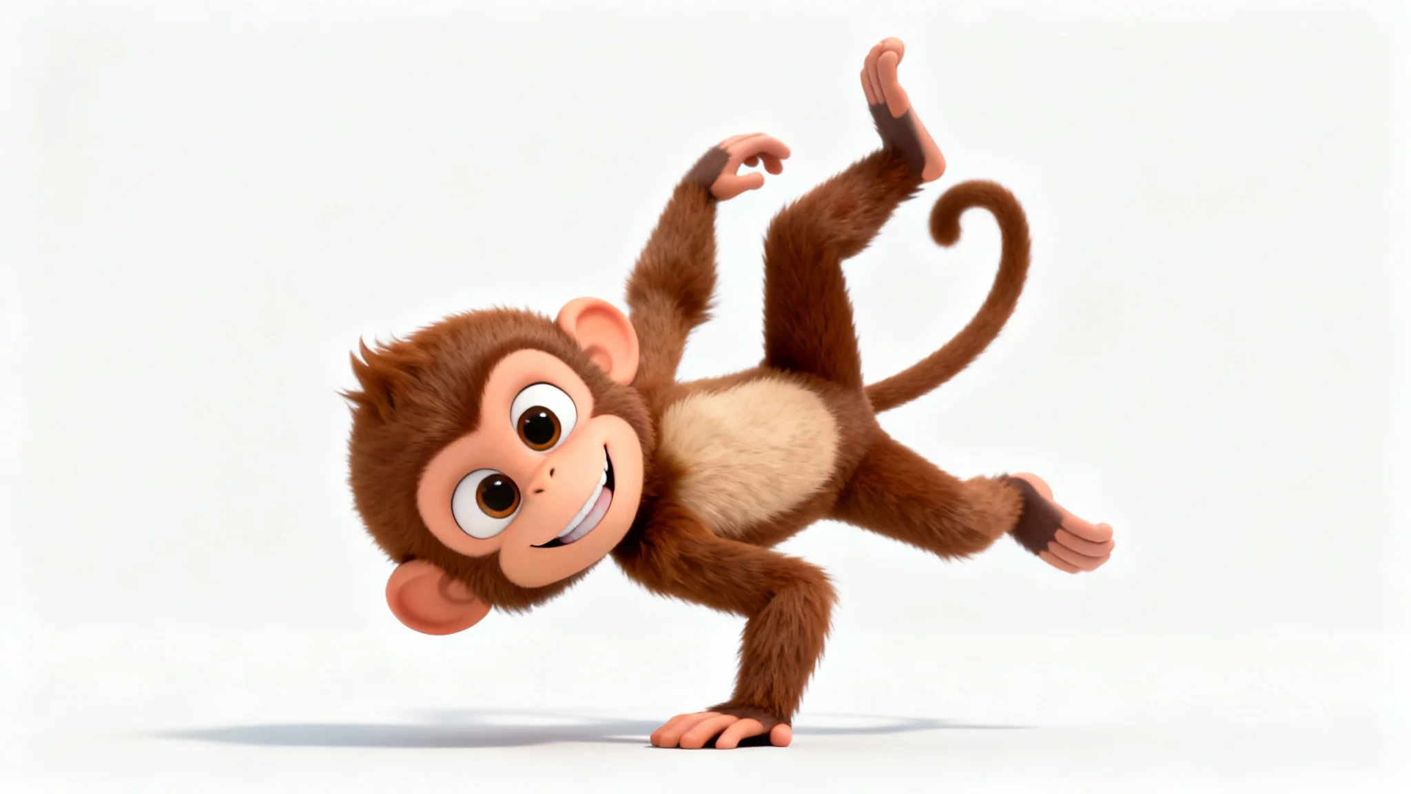 A 3D animated-style character of a cute brown monkey with big eyes, breakdancing joyfully against a clean white background.