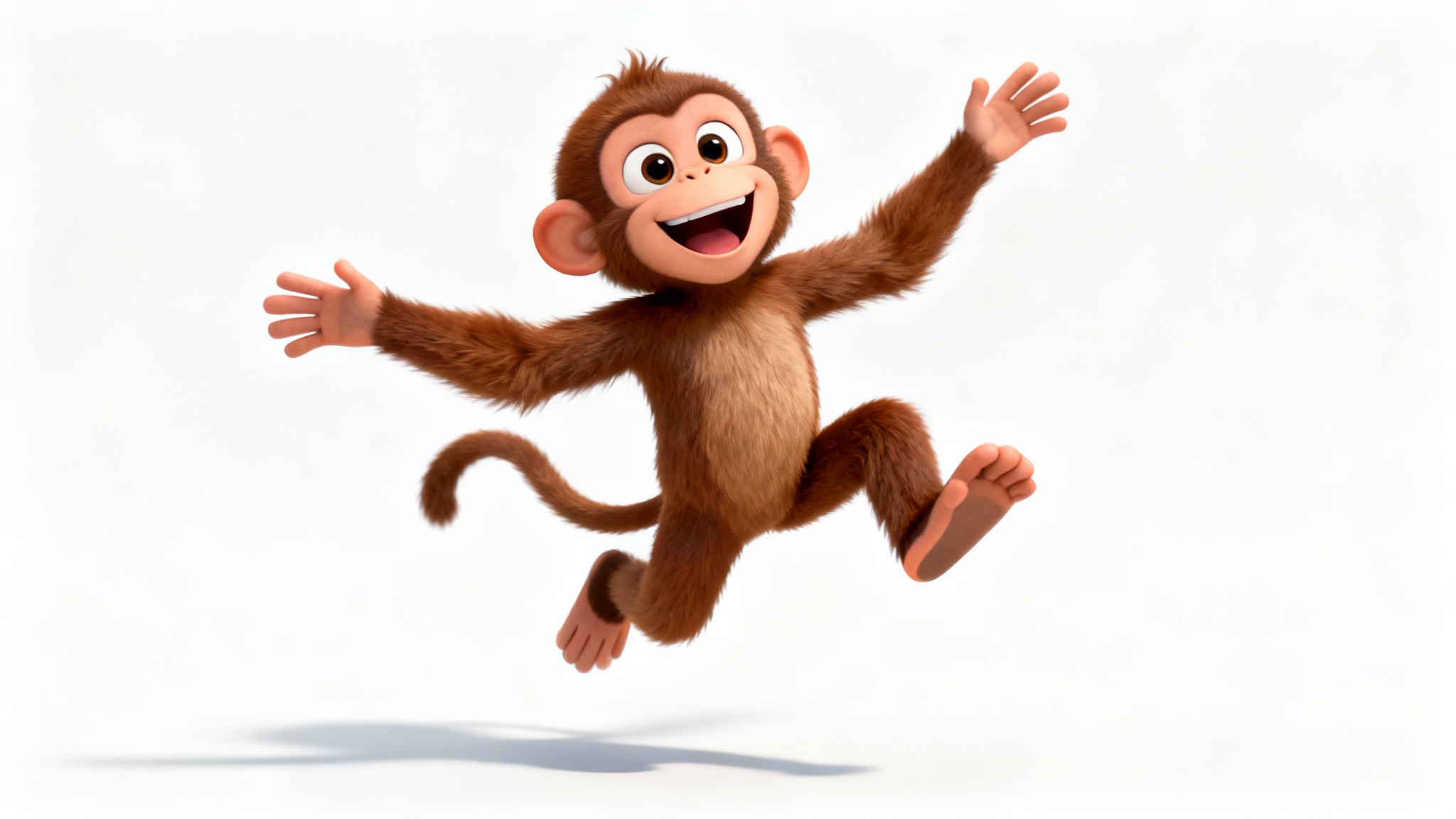A 3D animated, cartoon-style brown monkey with a happy expression, captured mid-leap against a solid white background.