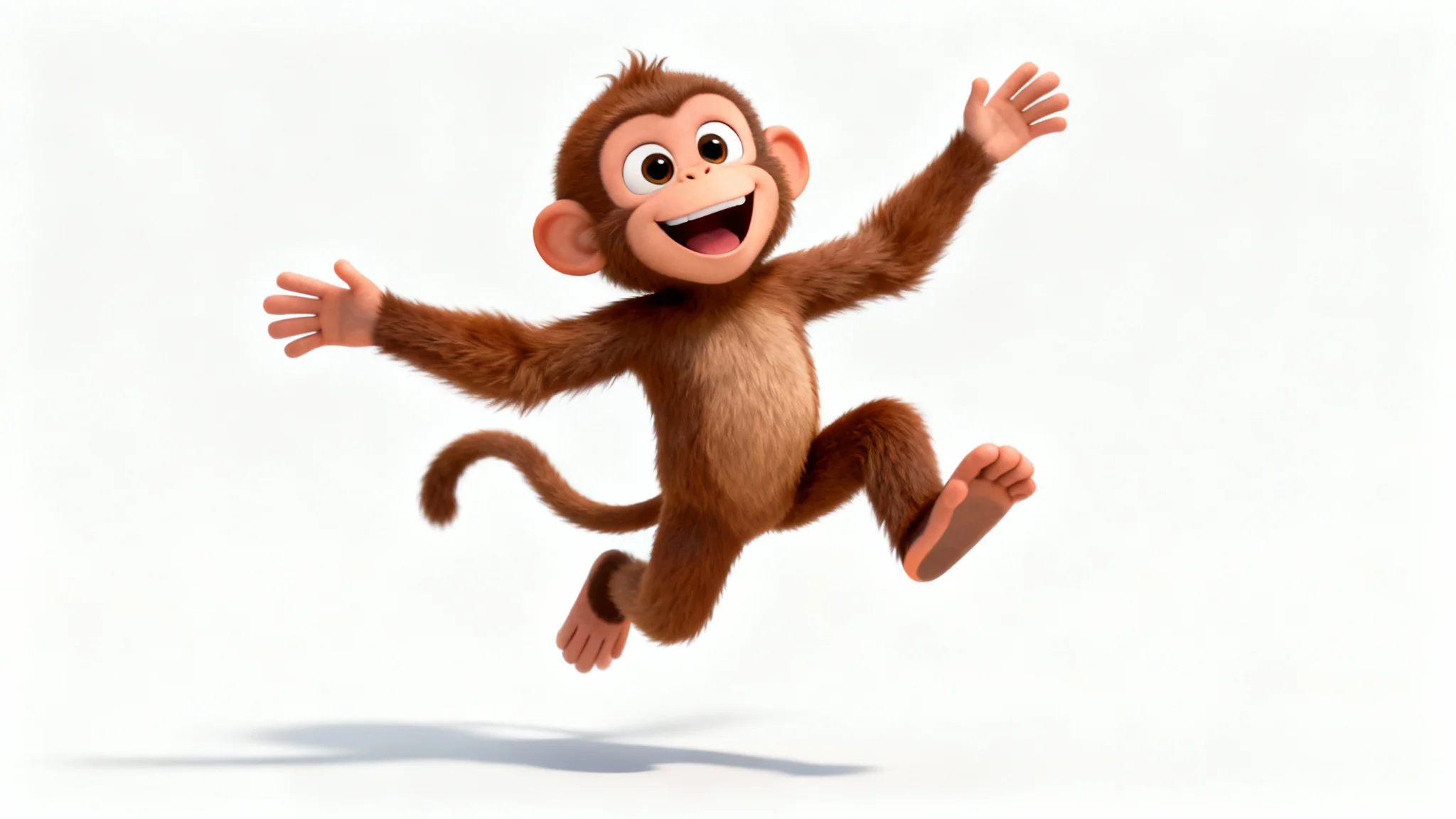 A 3D animated, cartoon-style brown monkey with a happy expression, captured mid-leap against a solid white background.