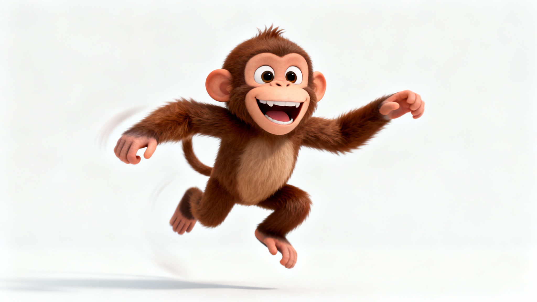 A 3D animated cartoon monkey joyfully leaping in the air against a solid white background, demonstrating character animation.