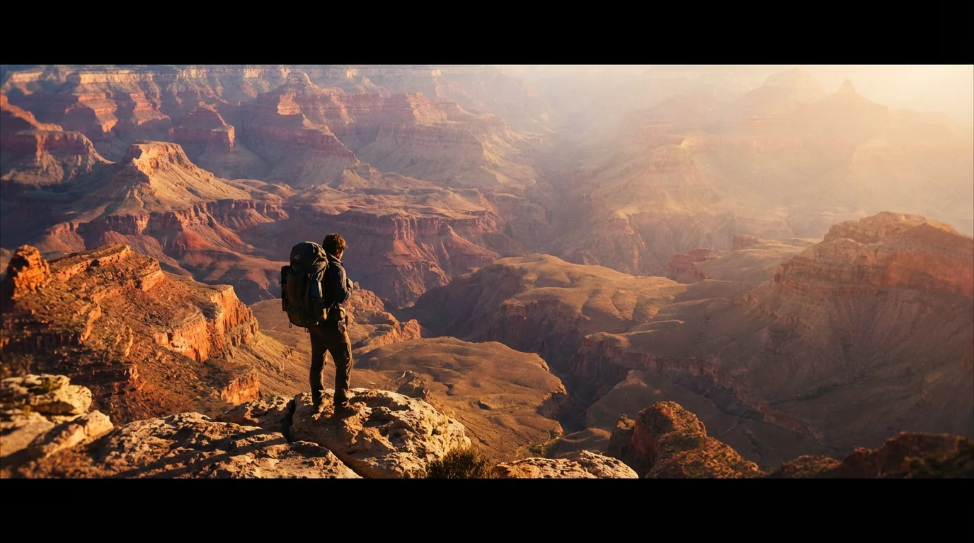 A cinematic video still demonstrating a letterbox effect. The image has black bars at the top and bottom, framing a wide shot of a hiker looking out over a vast, sunlit canyon, creating a professional film look.