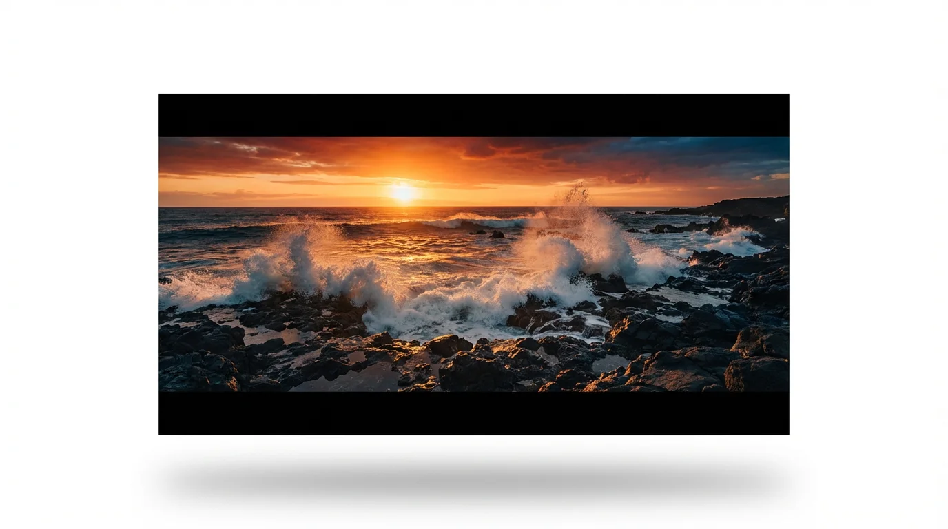 A mockup of a cinematic video in letterbox format, showing a dramatic scene of a coastline at sunset, set against a clean white background.
