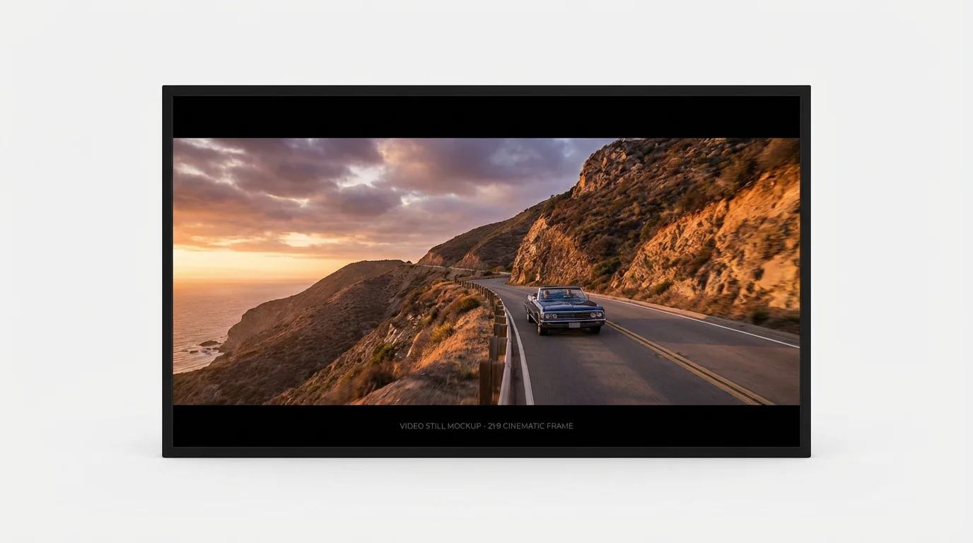 A mockup of a cinematic letterbox video, showing a car on a coastal road at sunset, framed with black bars at the top and bottom.