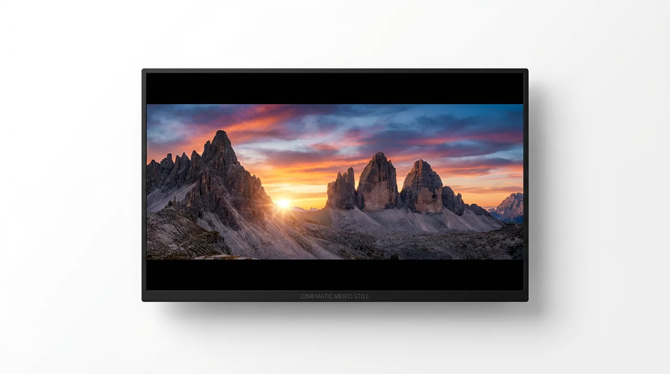 A mockup of a cinematic letterbox video frame showing a dramatic mountain range at sunset, presented against a clean white background to illustrate a widescreen video effect.