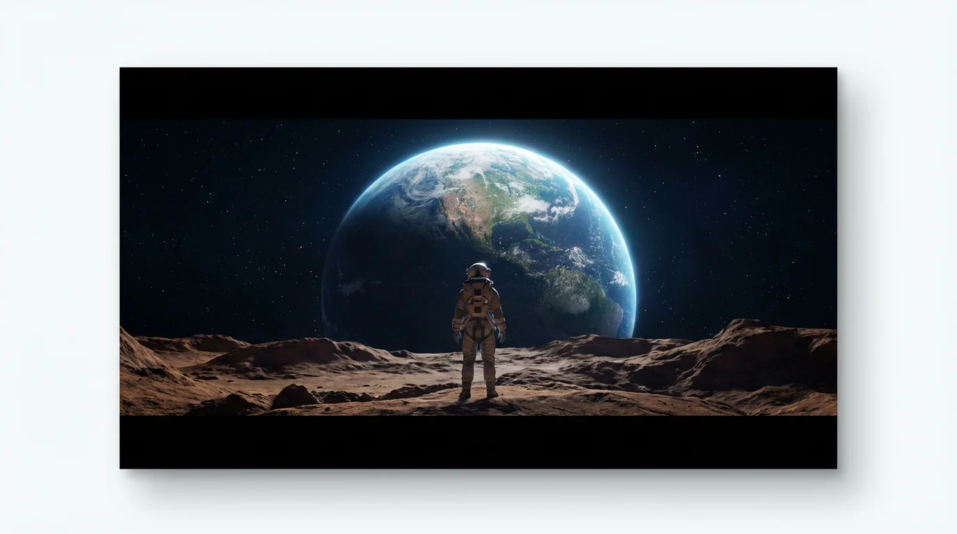 A mockup of a cinematic letterbox video frame, showing an astronaut on a Mars-like planet looking at Earth, presented with black bars on the top and bottom against a solid white background.