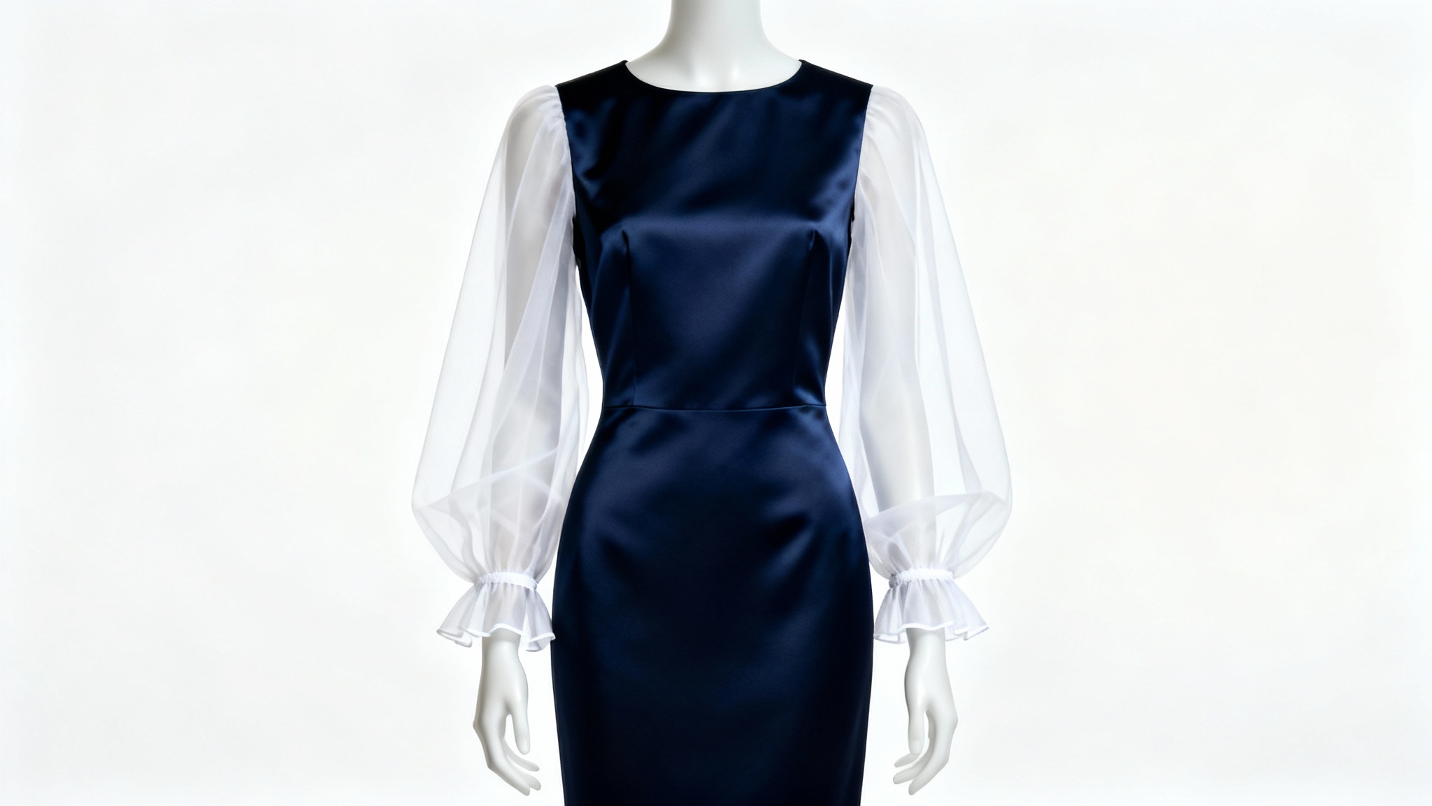An elegant navy blue dress on a mannequin, shown against a white background, which has been transformed by the addition of stylish, sheer white bishop sleeves.